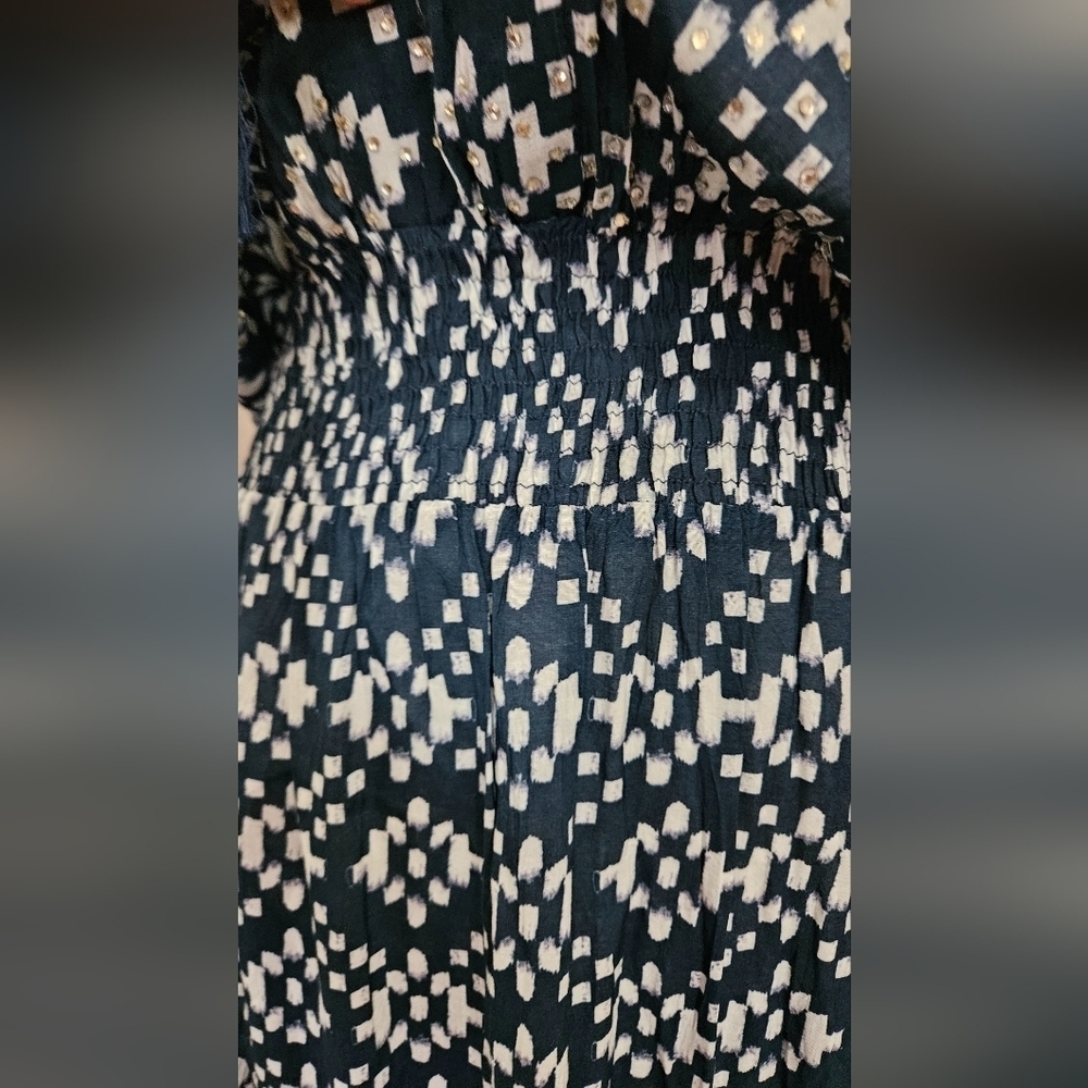 RubyYaya Beaded Boho Maxi Dress Blue White Geometric Print Size M - Picture 9 of 16
